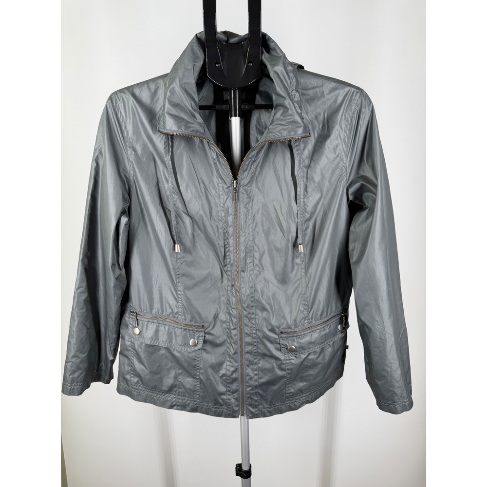 Zenergy by Chicos Grey Metallic Full Zip Hooded Windbreaker Jacket Womens Size 2